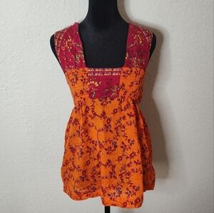 💔 SOLD 💔 Free People Orange and Red Smocked Floral Tank Top - Size 0